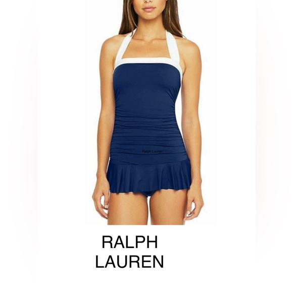 Ralph Lauren Blue and White Ruched Swimsuit - Picture 1 of 7
